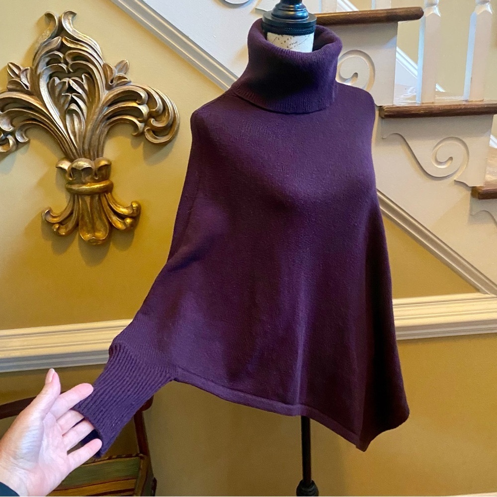 Nouveaux asymmetrical eggplant turtleneck poncho sweater